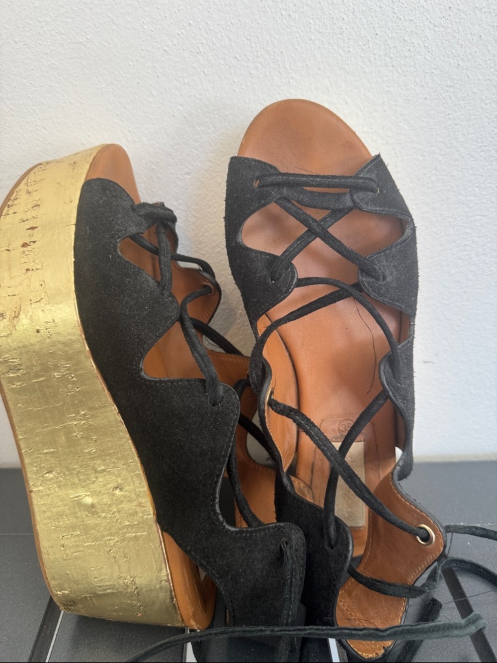 See By Chloe Liana Black Suede Gladiator Wedge Sandals with Gold Platform. 35